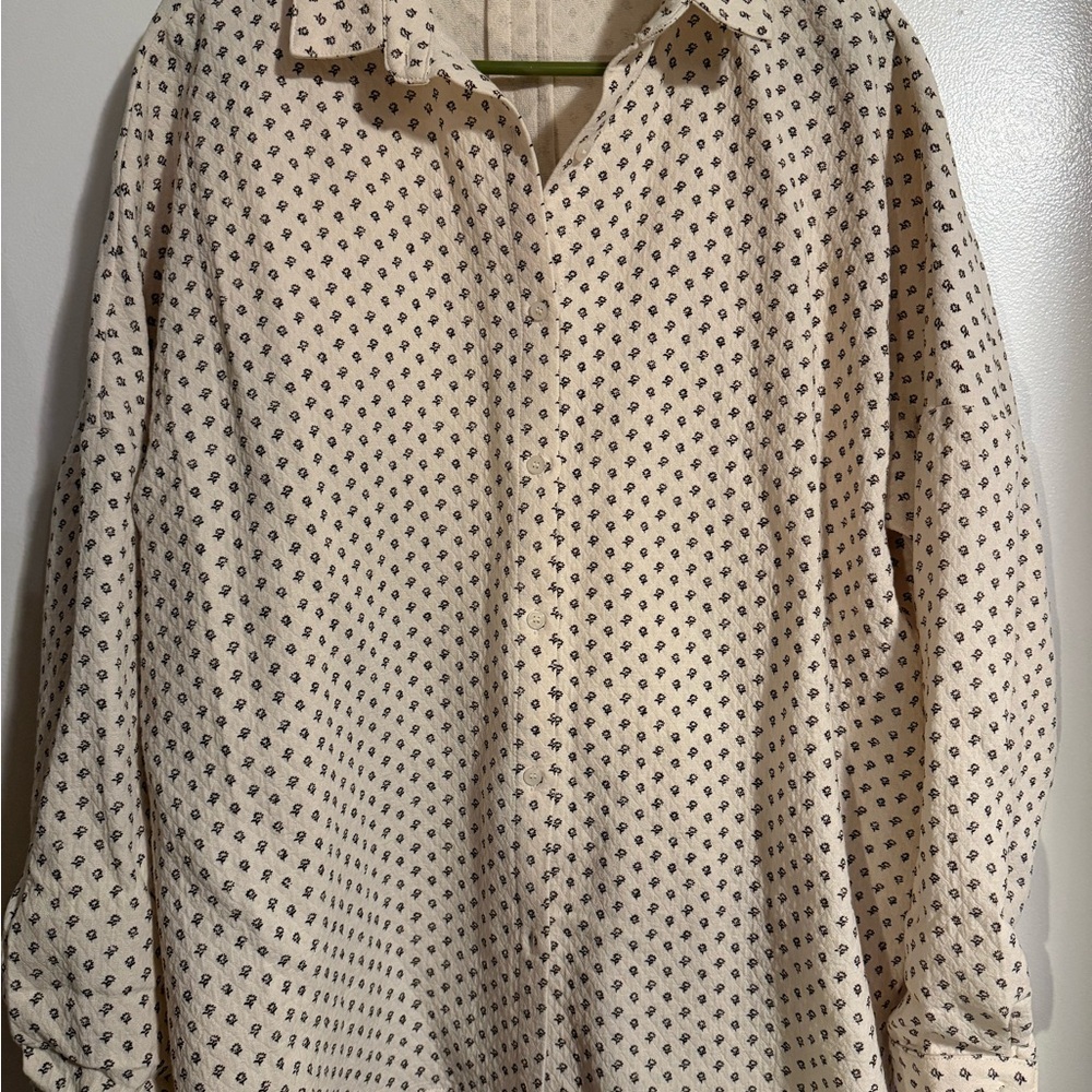 Light Cream Button-Down Shirt with Brown Flower Print - Picture 2 of 7